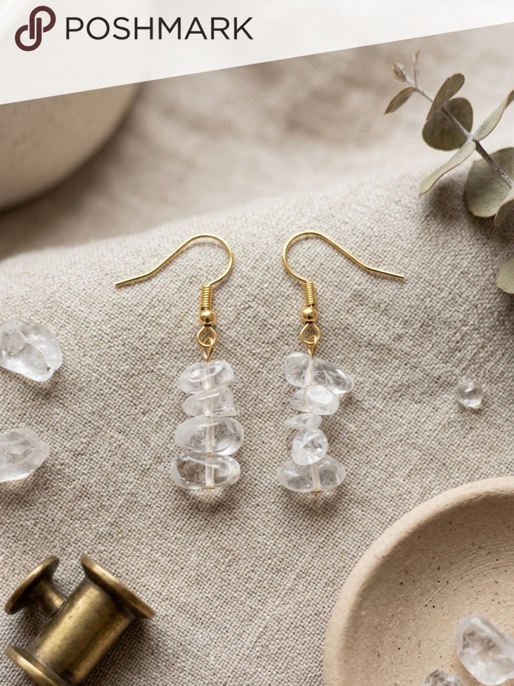 Hand Crafted Clear Crystal Chip Dangle Earrings with Gold Hooks